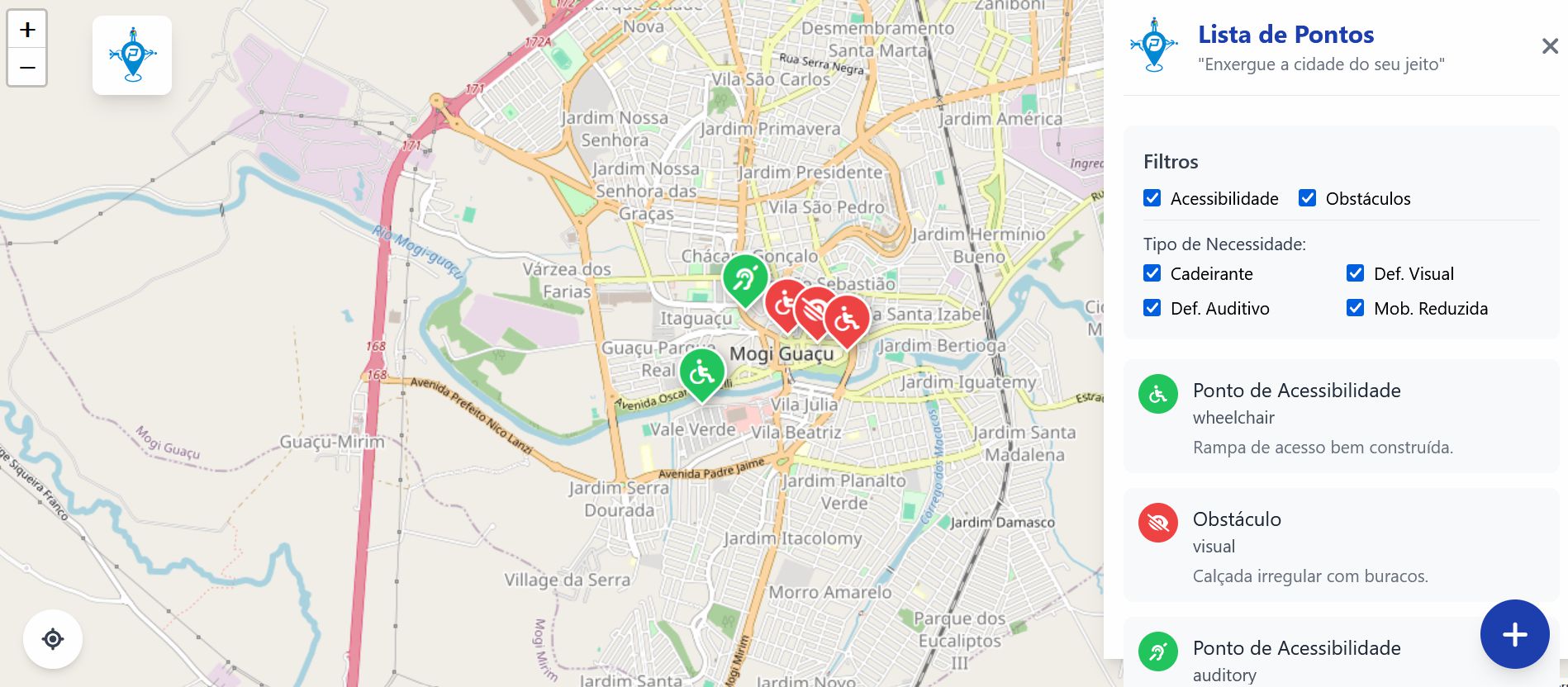 Captura de tela do mapa Ponto Azul mostrando pontos de acessibilidade
